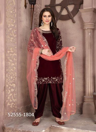 Maroon Velvet Embroidered Readymade Patiala Salwar Kameez For Traditional / Religious Occasions