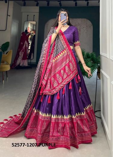 Violet & Dark Pink Woven Tussar Silk Navratri-Wear Navratri Special Readymade Lehenga Choli [With Drawstring Heavy Tassels And Zip]