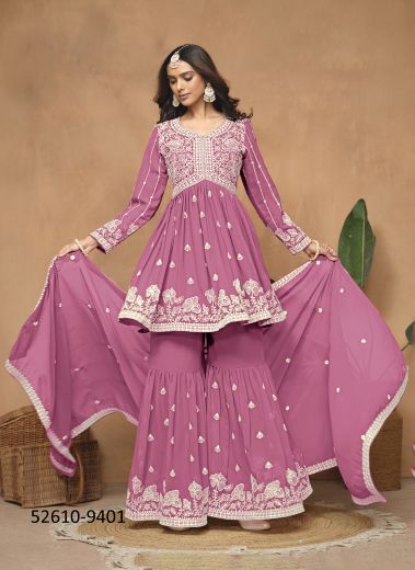 Pink Georgette Thread-Work Gharara-Bottom Readymade Salwar Kameez For Traditional / Religious Occasions