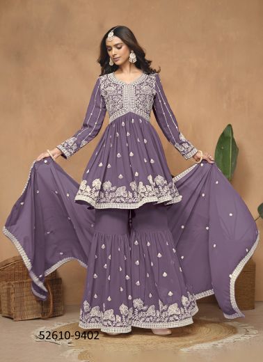 Dull Purple Georgette Thread-Work Gharara-Bottom Readymade Salwar Kameez For Traditional / Religious Occasions