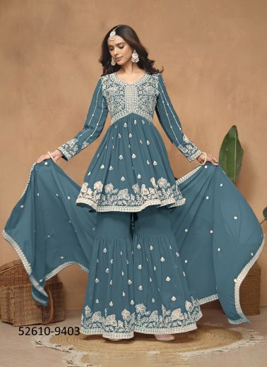 Steel Blue Georgette Thread-Work Gharara-Bottom Readymade Salwar Kameez For Traditional / Religious Occasions