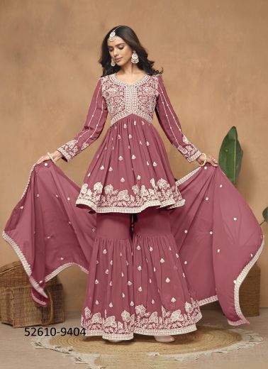 Mauve Pink Georgette Thread-Work Gharara-Bottom Readymade Salwar Kameez For Traditional / Religious Occasions