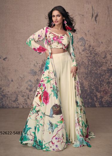 Cream & Teal Blue French Crepe Silk Digitally Printed Party-Wear Readymade Indo-Western Outfit