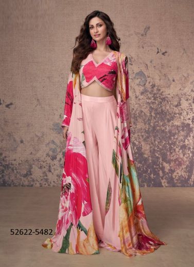 Pink & Magenta French Crepe Silk Digitally Printed Party-Wear Readymade Indo-Western Outfit