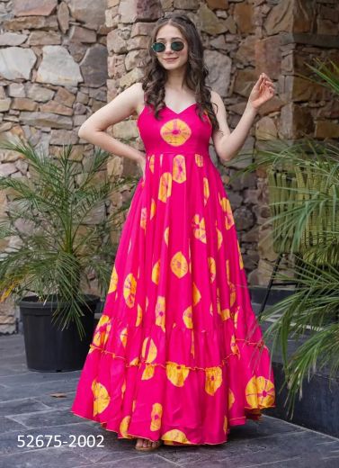 Magenta & Yellow Rayon Digitally Printed Beach-Wear Ankle-Length Readymade Sleeveless Kurti