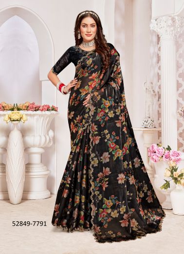 Multicolored Organza Silk Digitally Printed Festive-Wear Desi Saree