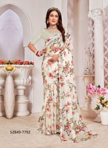 Multicolored Organza Silk Digitally Printed Festive-Wear Desi Saree