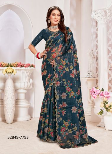 Multicolored Organza Silk Digitally Printed Festive-Wear Desi Saree