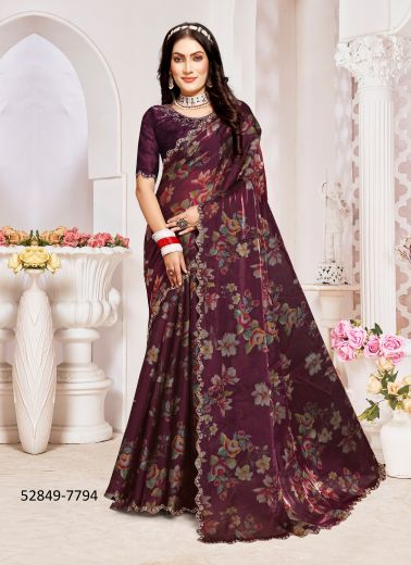 Multicolored Organza Silk Digitally Printed Festive-Wear Desi Saree