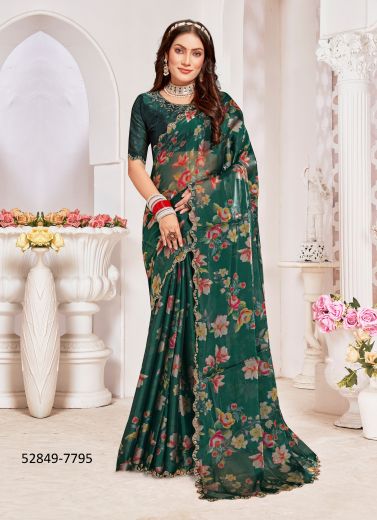 Multicolored Organza Silk Digitally Printed Festive-Wear Desi Saree