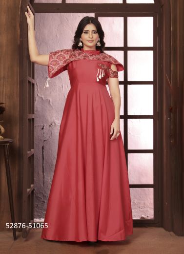 Red Silk Embroidered Festive-Wear Floor-Length Readymade Gown