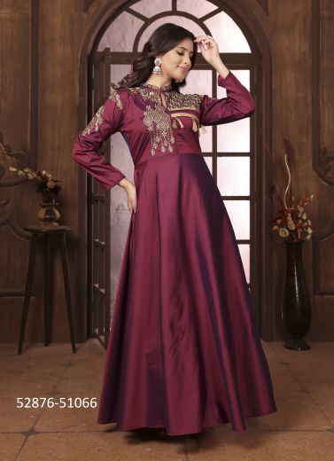 Wine Silk Embroidered Festive-Wear Floor-Length Readymade Gown