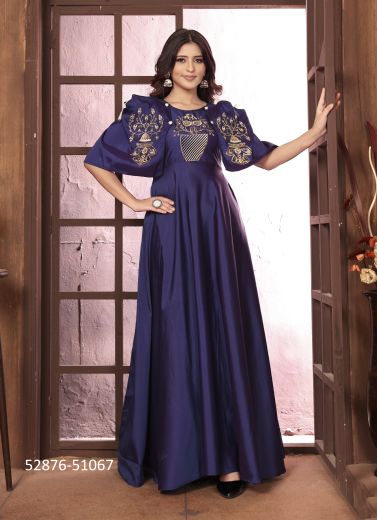 Blue Silk Embroidered Festive-Wear Floor-Length Readymade Gown