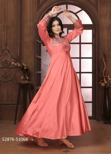 Light Coral Silk Embroidered Festive-Wear Floor-Length Readymade Gown