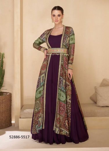 Dark Purple Georgette Handworked Party-Wear Readymade Gown With Jacket [With Belt] 