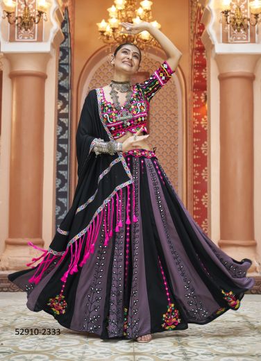 Mauve & Black Viscose Rayon Gamthi Work Navratri Special Readymade Lehenga Choli [Chaniya Choli For Garba]