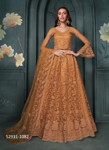 Dull Orange Net Handwork Wedding-Wear Bridal Lehenga Choli