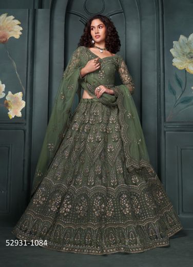 Dark Sage Green Net Handwork Wedding-Wear Bridal Lehenga Choli