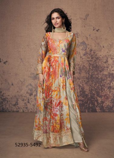 Multicolored Georgette Digitally Printed Party-Wear Front-Slit Readymade Salwar Kameez