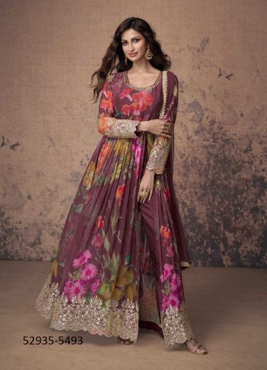 Multicolored Georgette Digitally Printed Party-Wear Front-Slit Readymade Salwar Kameez