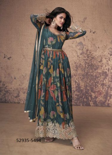 Multicolored Georgette Digitally Printed Party-Wear Front-Slit Readymade Salwar Kameez