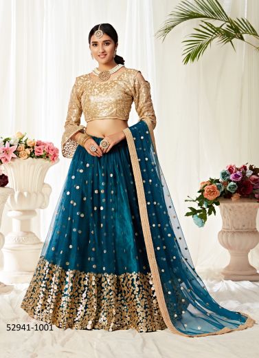 Sea Blue & Beige Net With Silk Satin Two Layer Embroidered Lehenga Choli For Traditional / Religious Occasions