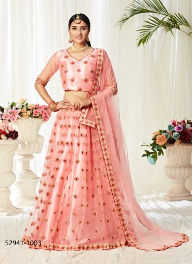 Pink Net With Silk Satin Two Layer Embroidered Lehenga Choli For Traditional / Religious Occasions