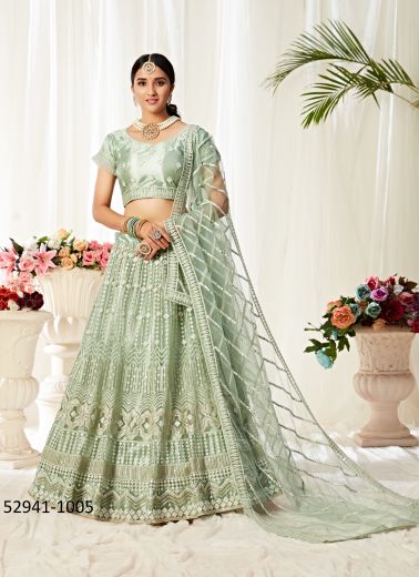 Light Sage Green Net With Silk Satin Two Layer Embroidered Lehenga Choli For Traditional / Religious Occasions