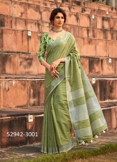 Light Green Soft Linen-Cotton Silk Woven Office-Wear Saree