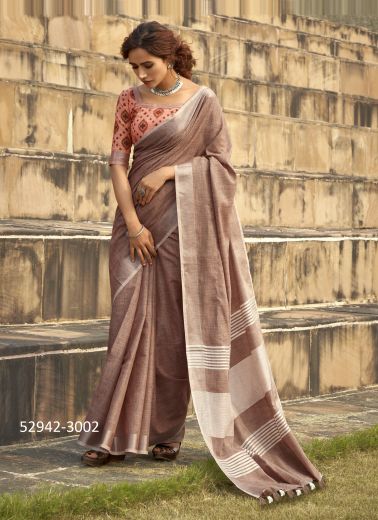 Light Brown Soft Linen-Cotton Silk Woven Office-Wear Saree