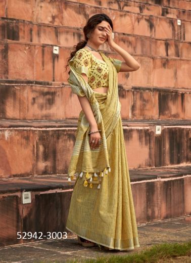 Yellow Soft Linen-Cotton Silk Woven Office-Wear Saree