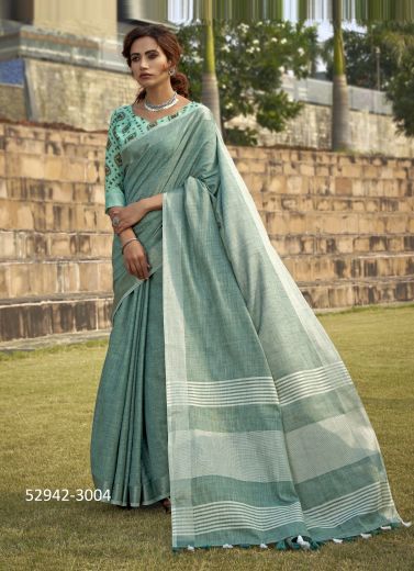 Light Teal Blue Soft Linen-Cotton Silk Woven Office-Wear Saree