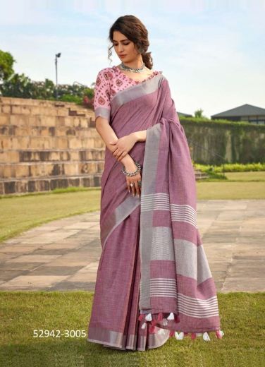 Mauve Pink Soft Linen-Cotton Silk Woven Office-Wear Saree