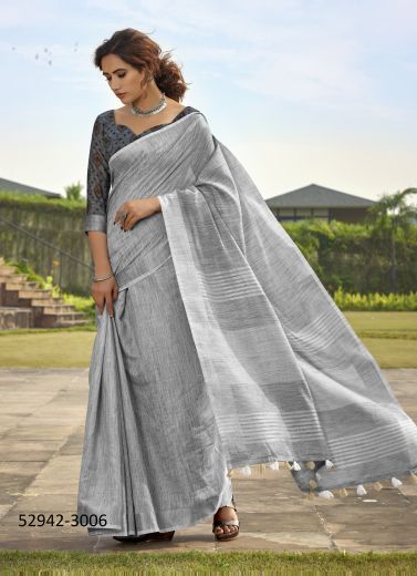 Gray Soft Linen-Cotton Silk Woven Office-Wear Saree