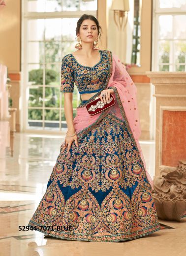 Sea Blue Velvet Handwork Wedding-Wear Reception Lehenga Choli