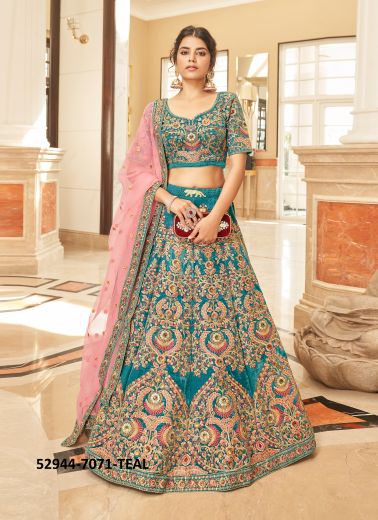 Teal Blue Velvet Handwork Wedding-Wear Reception Lehenga Choli