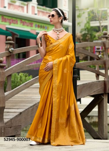 Orange Satin Handwoven With Zari Work Soft Silk Saree For Traditional / Religious Occasions