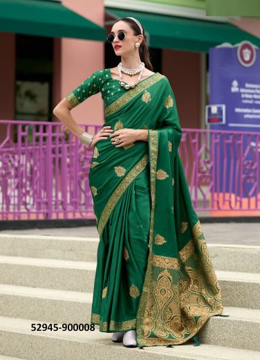 Green Satin Handwoven With Zari Work Soft Silk Saree For Traditional / Religious Occasions