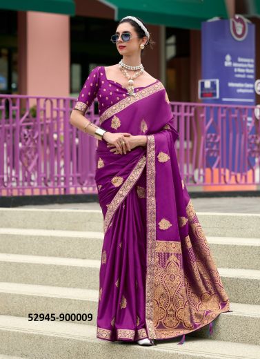 Purple Satin Handwoven With Zari Work Soft Silk Saree For Traditional / Religious Occasions