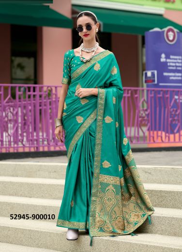 Teal Blue Satin Handwoven With Zari Work Soft Silk Saree For Traditional / Religious Occasions