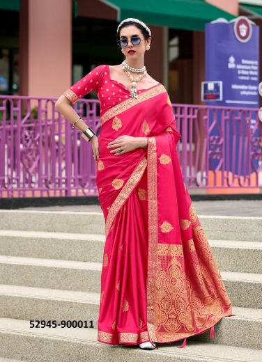 Crimson Red Satin Handwoven With Zari Work Soft Silk Saree For Traditional / Religious Occasions