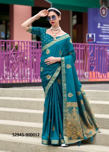 Sea Blue Satin Handwoven With Zari Work Soft Silk Saree For Traditional / Religious Occasions