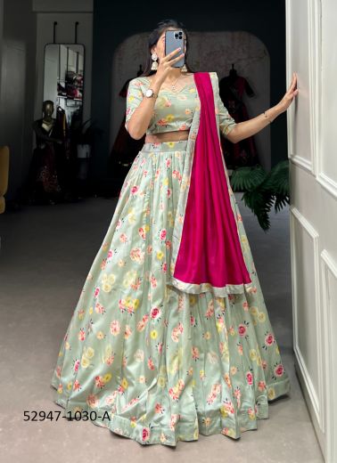 Light Sage Green & Magenta Tussar Silk Floral Digitally Printed Festive-Wear Lehenga Choli