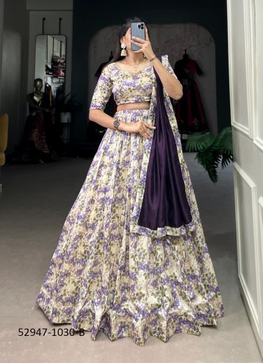 Cream & Violet Tussar Silk Floral Digitally Printed Festive-Wear Lehenga Choli