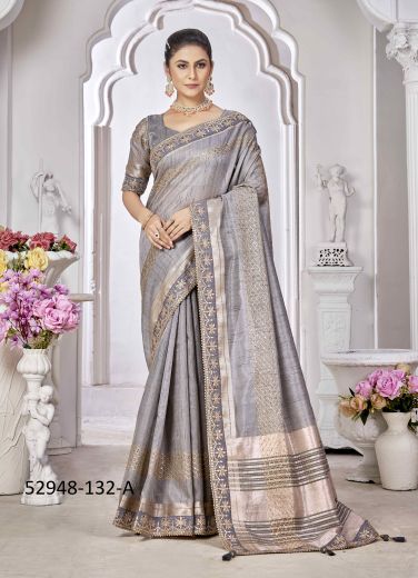 Gray Cotton Chanderi Woven Jari Silk Saree For Traditional / Religious Occasions