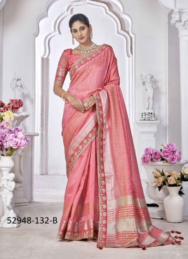 Pink Cotton Chanderi Woven Jari Silk Saree For Traditional / Religious Occasions