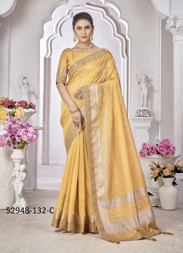 Yellow Cotton Chanderi Woven Jari Silk Saree For Traditional / Religious Occasions