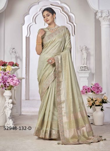 Light Sage Green Cotton Chanderi Woven Jari Silk Saree For Traditional / Religious Occasions