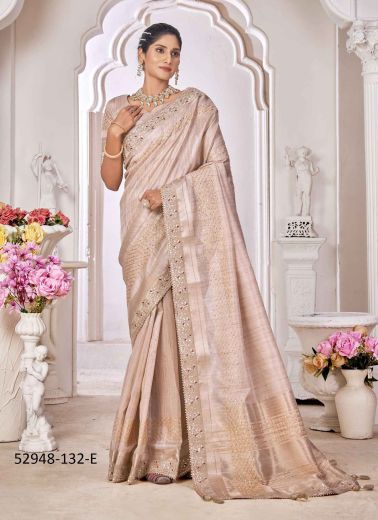 Light Beige Cotton Chanderi Woven Jari Silk Saree For Traditional / Religious Occasions