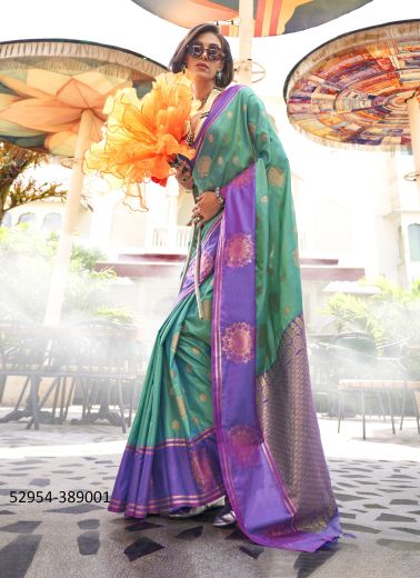 Mint Green & Lavender Two Tone Woven Soft Silk Saree For Traditional / Religious Occasions